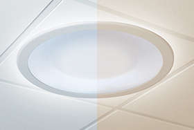 Round ceiling light with tunable light output for circadian rhythm support. 