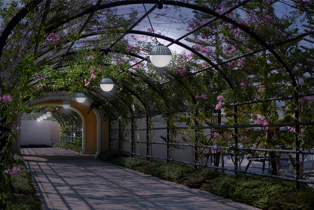 Flower covered archway with glowing outdoor globe lights at twilight. 