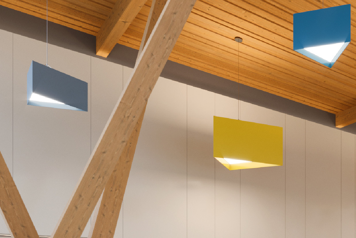 Custer of three triangle pendant lights in grey, gold and blue. 